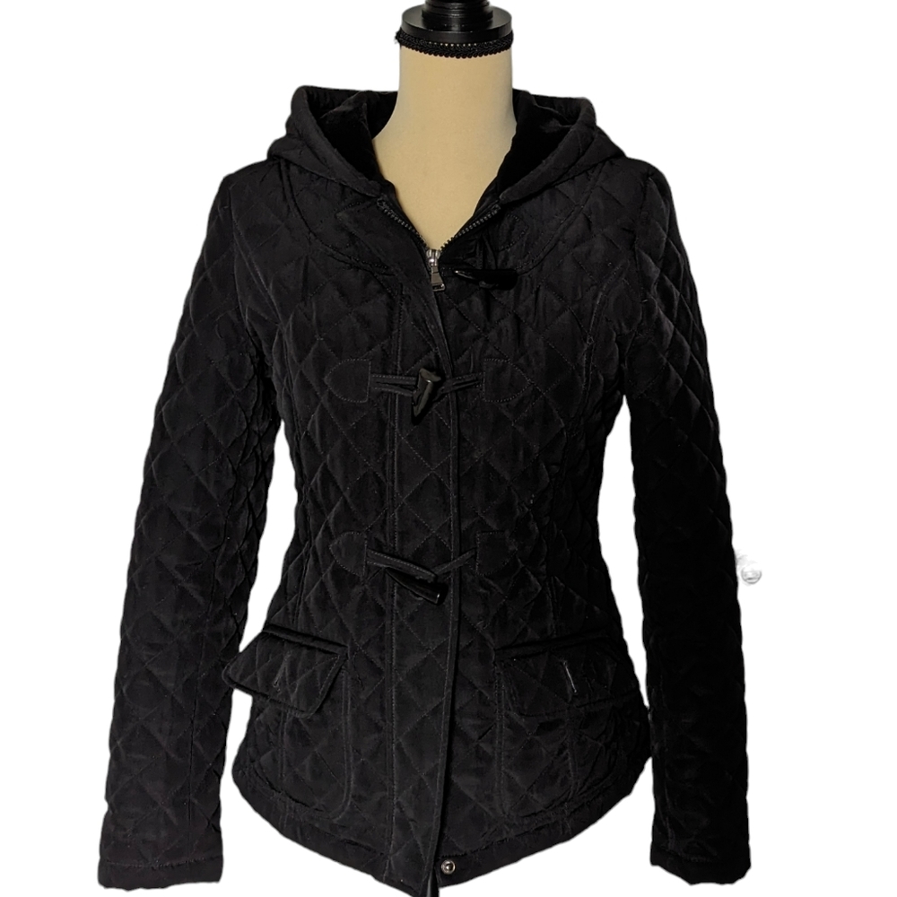 ESPRIT Quilted Belted Winter Jacket Size Small Black Hooded
